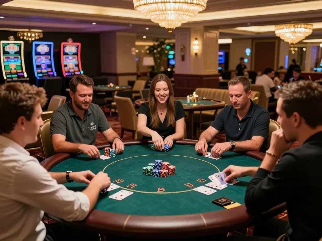 FC88 players celebrating a win at a poker table in a luxurious casino setting