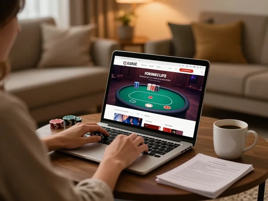 Player enjoying a vibrant poker game at home with 56 WIN on the laptop screen, showcasing strategic betting.