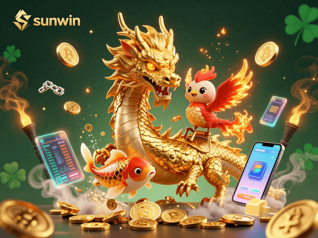 Experience exciting wins with sunwin's 3D casino illustration featuring epic dragon and phoenix characters.