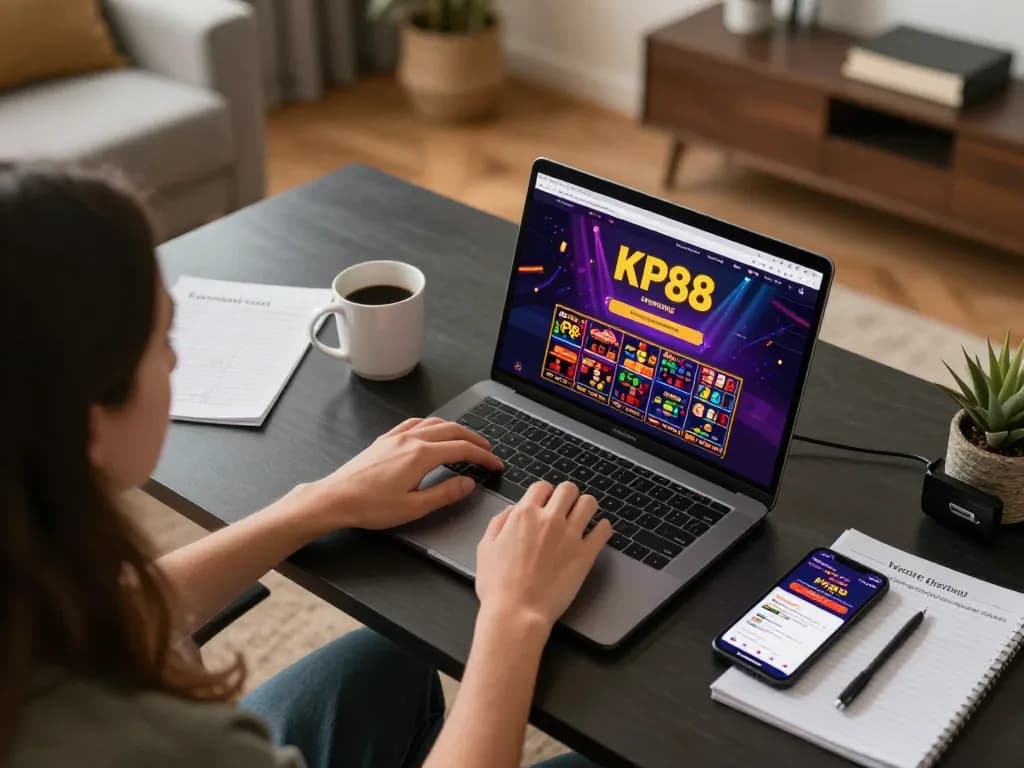 Player engaging in kp88 online gaming on a laptop with vibrant casino graphics displayed