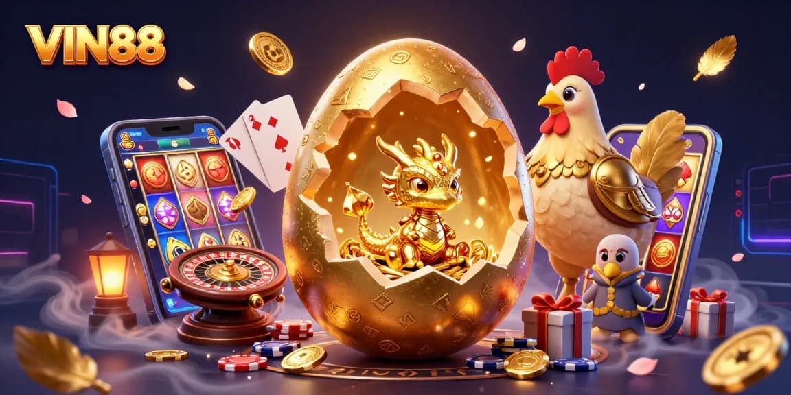 Win big with VIN88 as a baby dragon of luck emerges from a golden egg in this intricate casino scene.