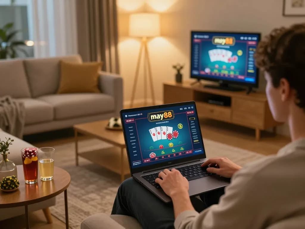 Player engaging in online casino gaming at may88, enjoying a cozy home atmosphere with warm lighting.