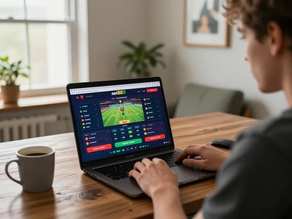 Player using net88 sportsbook on laptop in a cozy home office setting while enjoying a relaxing game moment