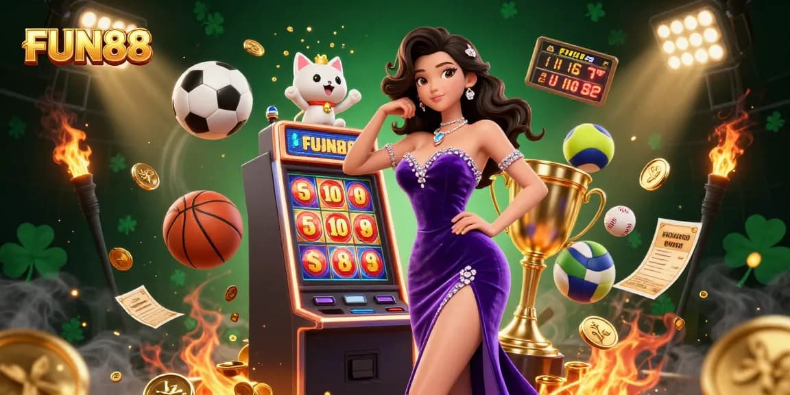 Experience FUN88 with vibrant casino excitement, featuring a glamorous scene with jackpot slots and dynamic sports elements.