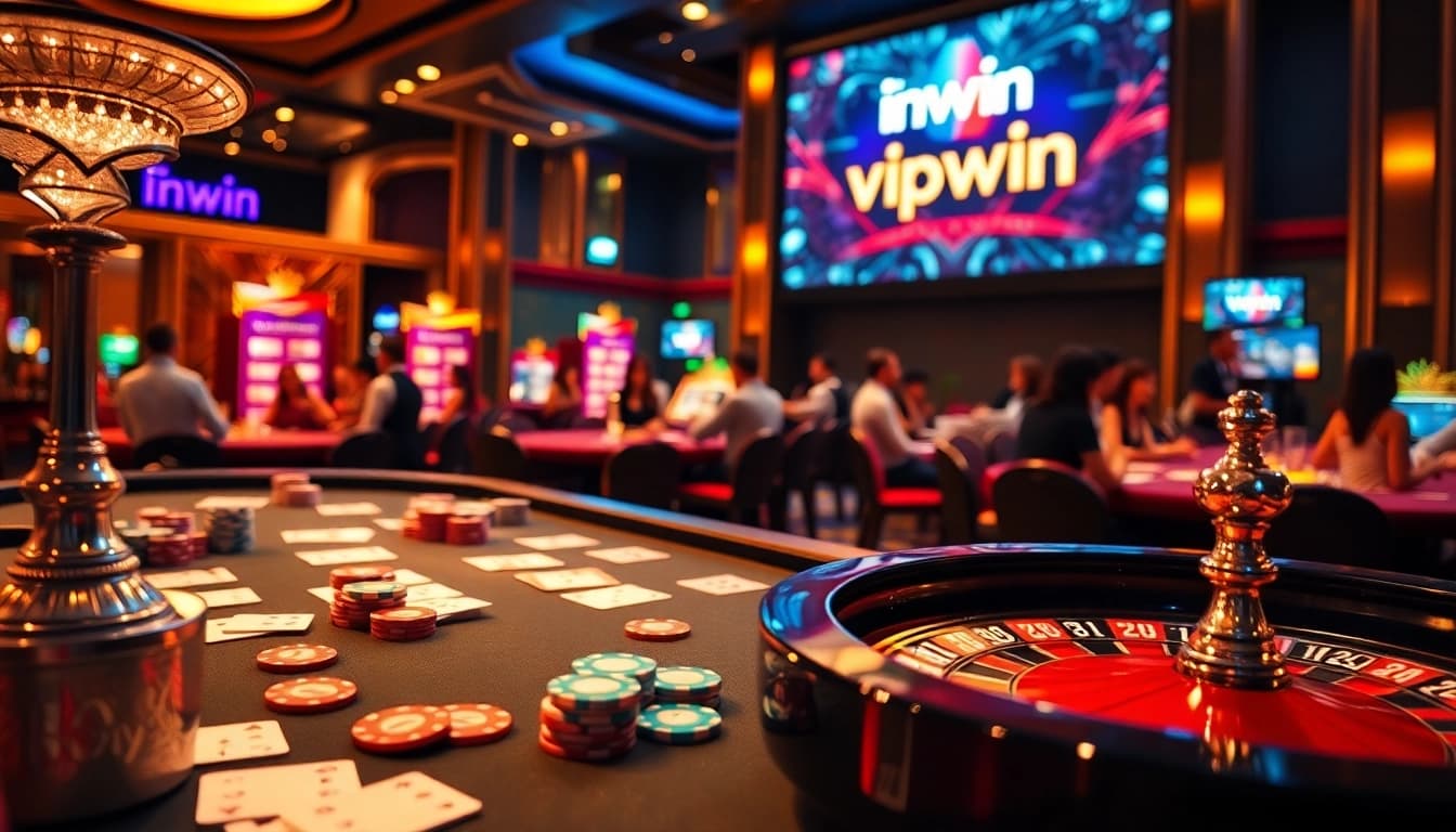 Experience excitement at a vipwin casino table with vibrant poker chips and a roulette wheel.