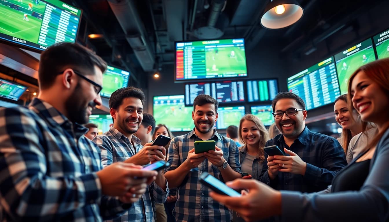Exciting soccer betting scene showcasing kèo nhà cái hôm nay with bettors analyzing live odds in a lively sports bar.