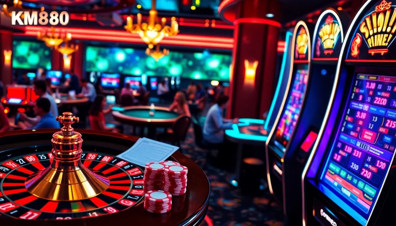 Players enjoying the KM88 online casino experience with vibrant gaming elements.