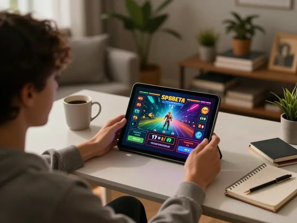 Enjoying a strategic online game at sp8beta on tablet in cozy home setting.