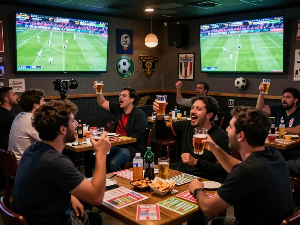 Socolive users passionately cheering at a sports bar while watching live soccer matches and placing bets.