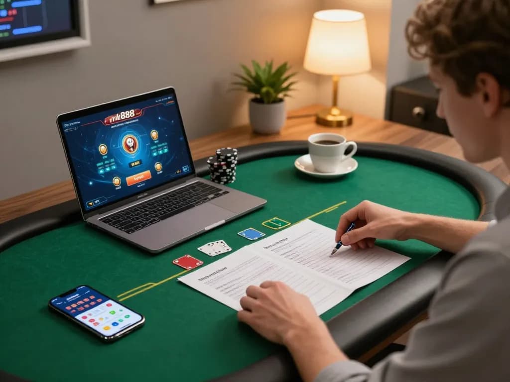 Engaging scene of a player using the nk88 app for online poker, surrounded by notes and coffee.