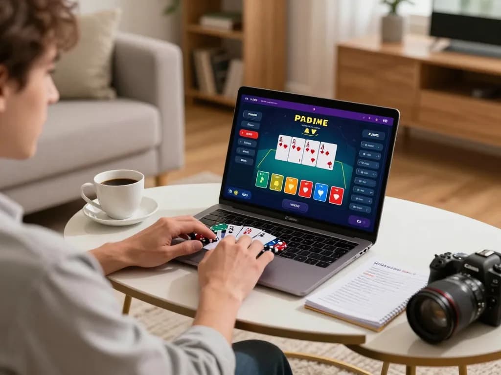 Player enjoying a thrilling online poker game at home with Hitclub on laptop, showcasing gaming strategy.