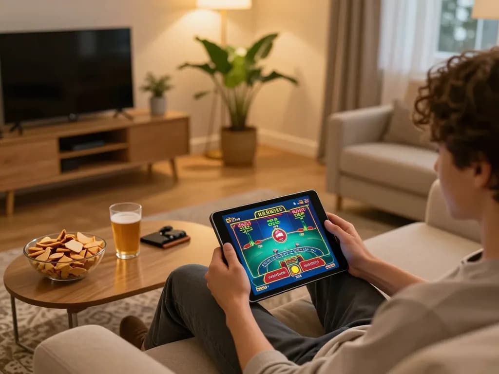 Engaging in online gaming at home, using a tablet to explore liên hệ LU88 for gaming options.