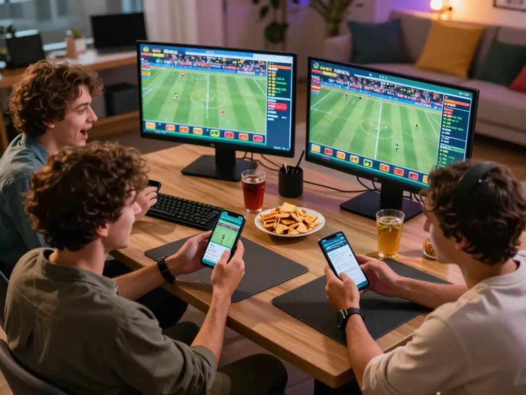 Tỷ lệ kèo nhà cái displayed as two friends place bets on their mobile app during an exciting game.