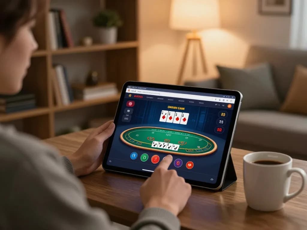 Person playing blackjack on Oxbet app at home in a cozy setting with warm lighting and stylish decor
