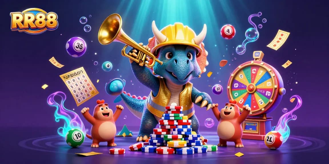 Cheerful celebration of RR88 gaming with lively characters and dynamic casino elements in a vibrant scene.