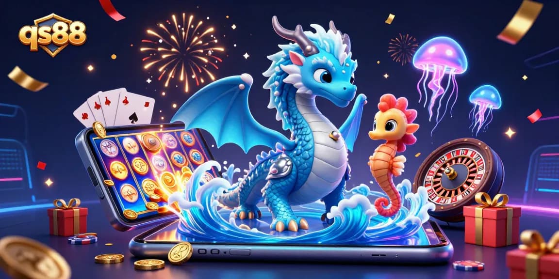 Experience qs88 in a captivating 3D casino scene with vibrant dragons and gaming elements.
