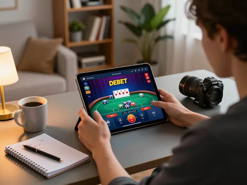 Player engaging with DEBET app on tablet at home, showcasing a responsible online gambling environment.