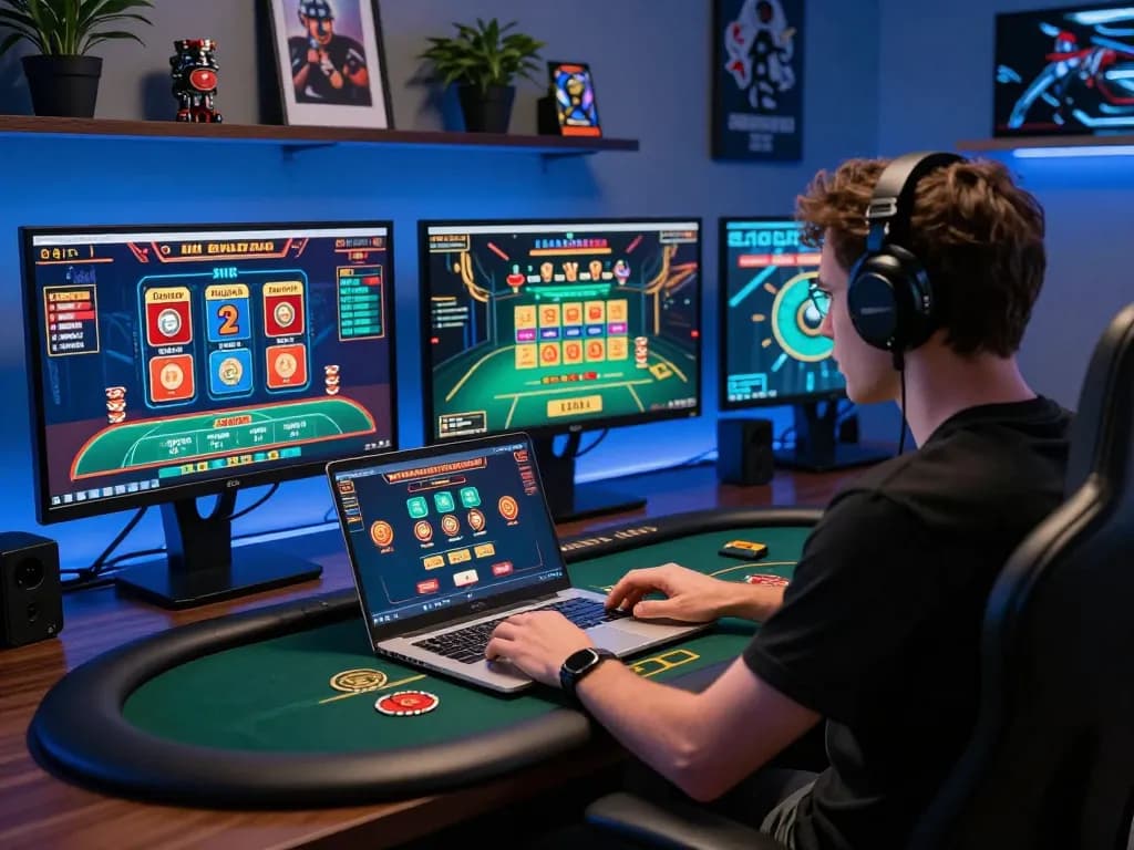 Engaged player enjoying live dealer games on LC88 platform with multiple screens and gaming setup.