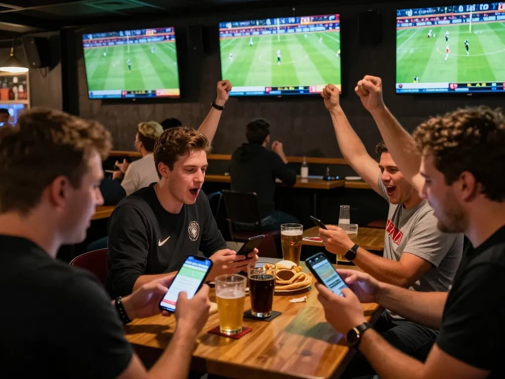 Engaged sports fans betting on game go8 during live Bundesliga matches in a lively bar setting.
