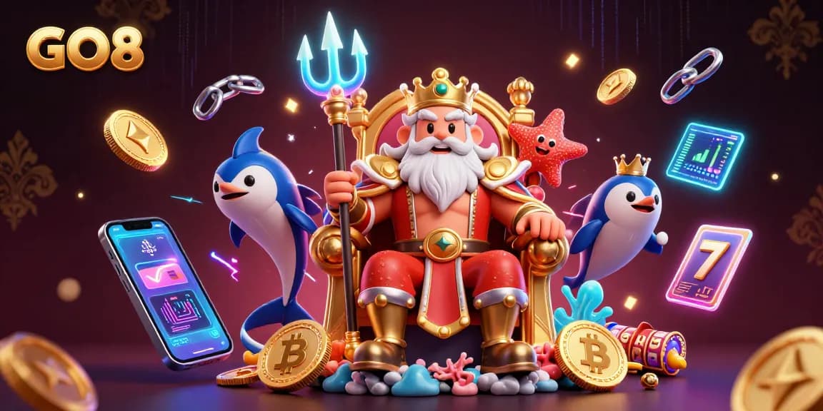 Engage in jackpot action with GO8's vibrant slot gaming illustration featuring Neptune and samurai.