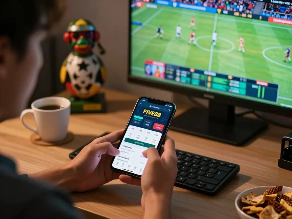 Person placing bets on the FIVE88 app during a live sports event, with engaging atmosphere and snacks.