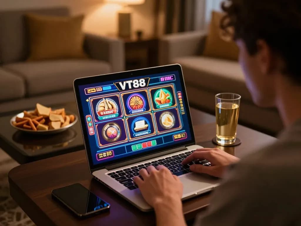 Engaging in online gaming with VT88's vibrant slots on a laptop in a cozy home setting.