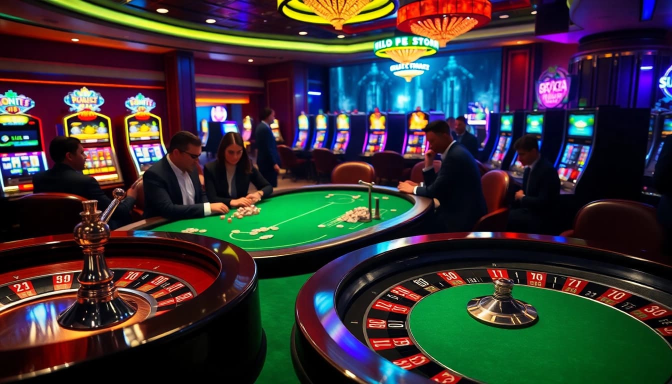 Experience the thrilling atmosphere where players engage at the casino table at https://nohu.photo/ with vibrant slot machines.