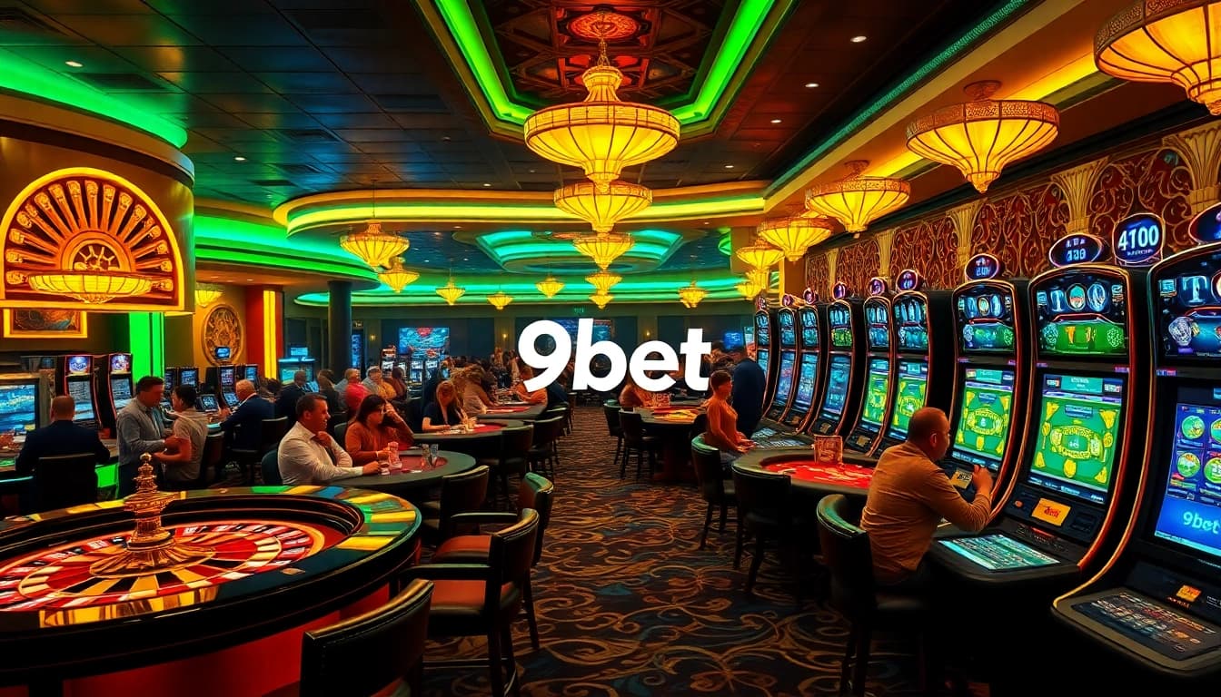 9bet players actively engaging at luxurious gaming tables and vibrant slot machines.
