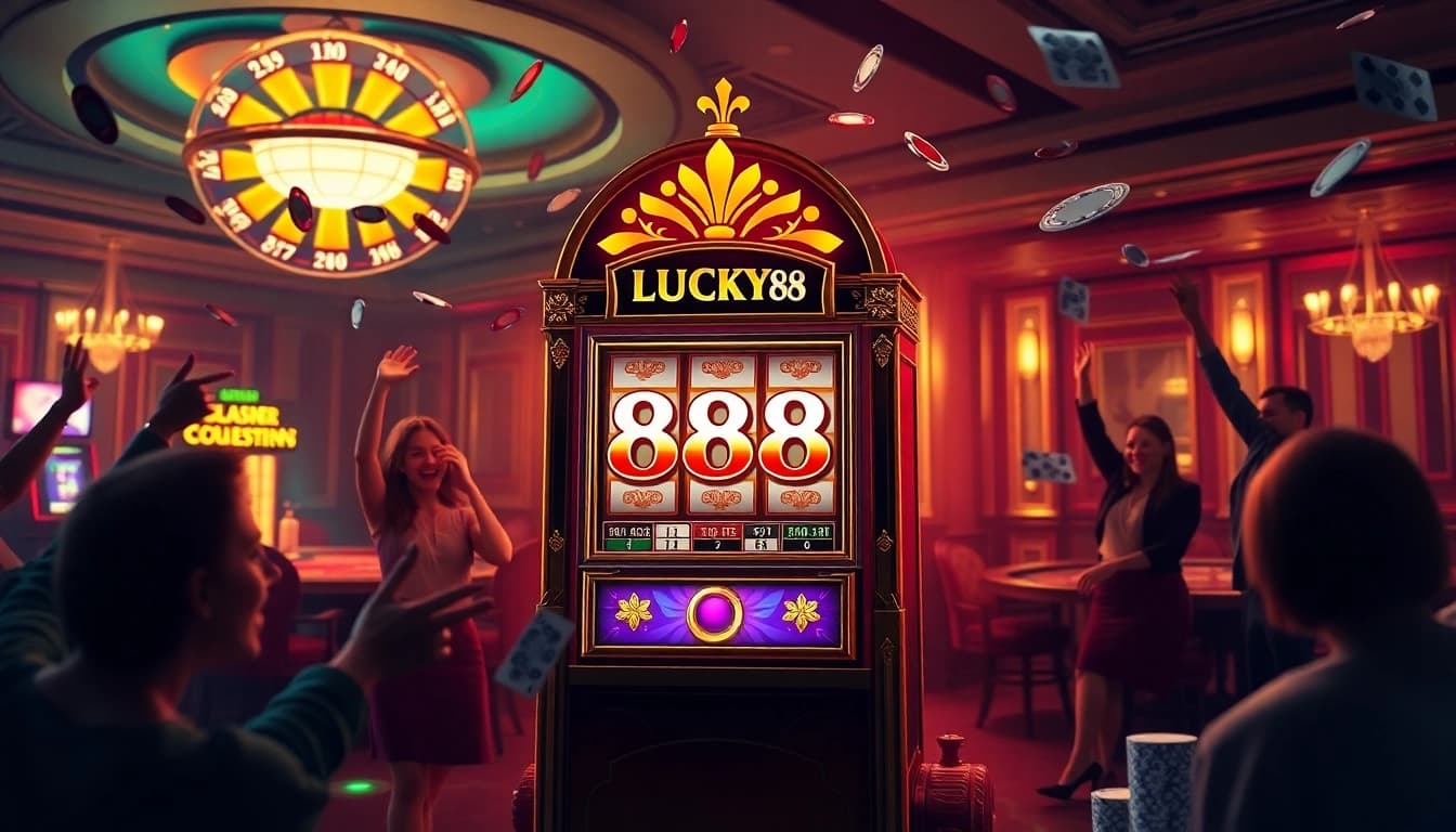 Experience the excitement of LUCKY88 as players celebrate big wins at the slot machine.