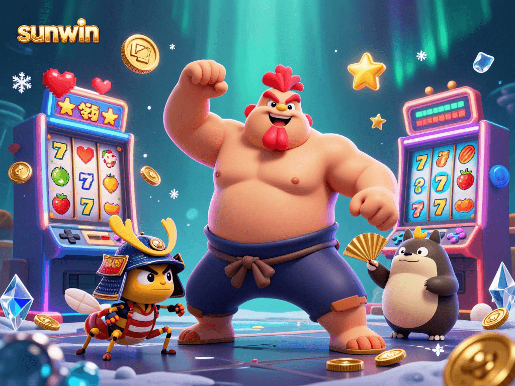 Experience thrilling gameplay with sunwin as a cartoon rooster sumo wrestler and friends animate a vibrant slot scene.