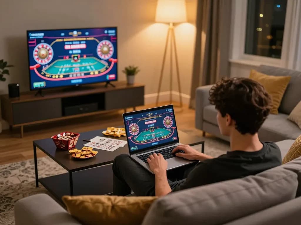 MAY88n player engaged in online roulette gaming from home sofa, highlighting responsible entertainment.