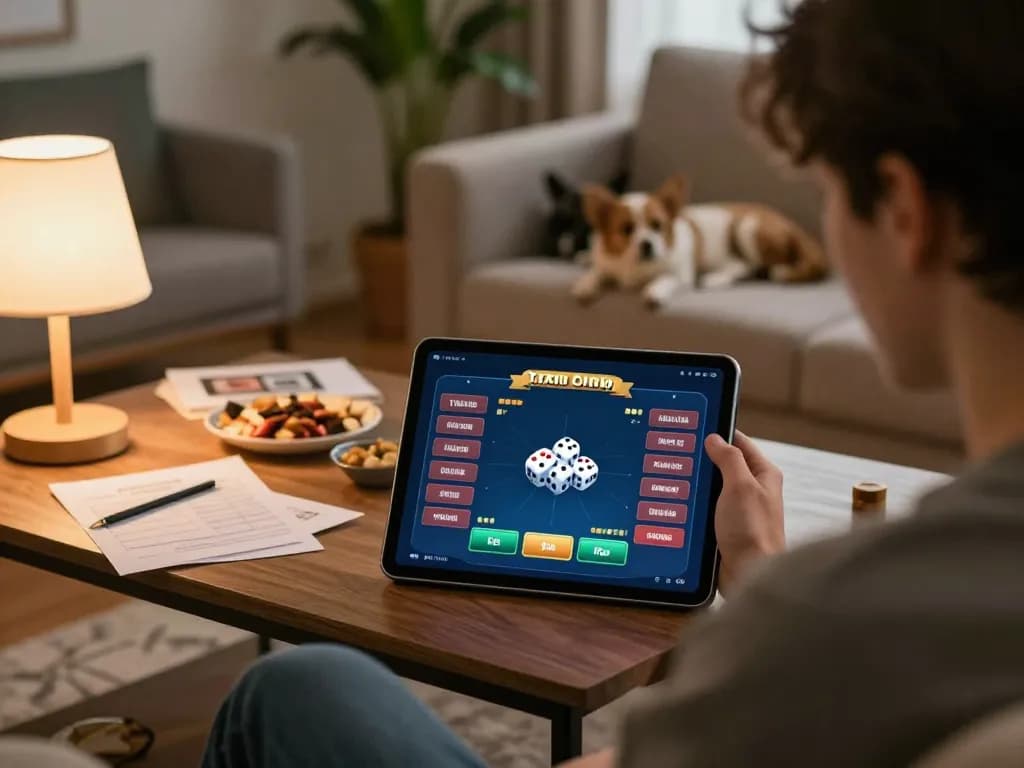 Engaging with the app tài xỉu online on a tablet in a cozy home environment, showcasing a casual gaming experience.