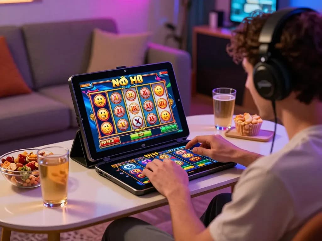 Nổ Hũ online gaming scene with a player engaging on a tablet, rich colors and vibrant graphics