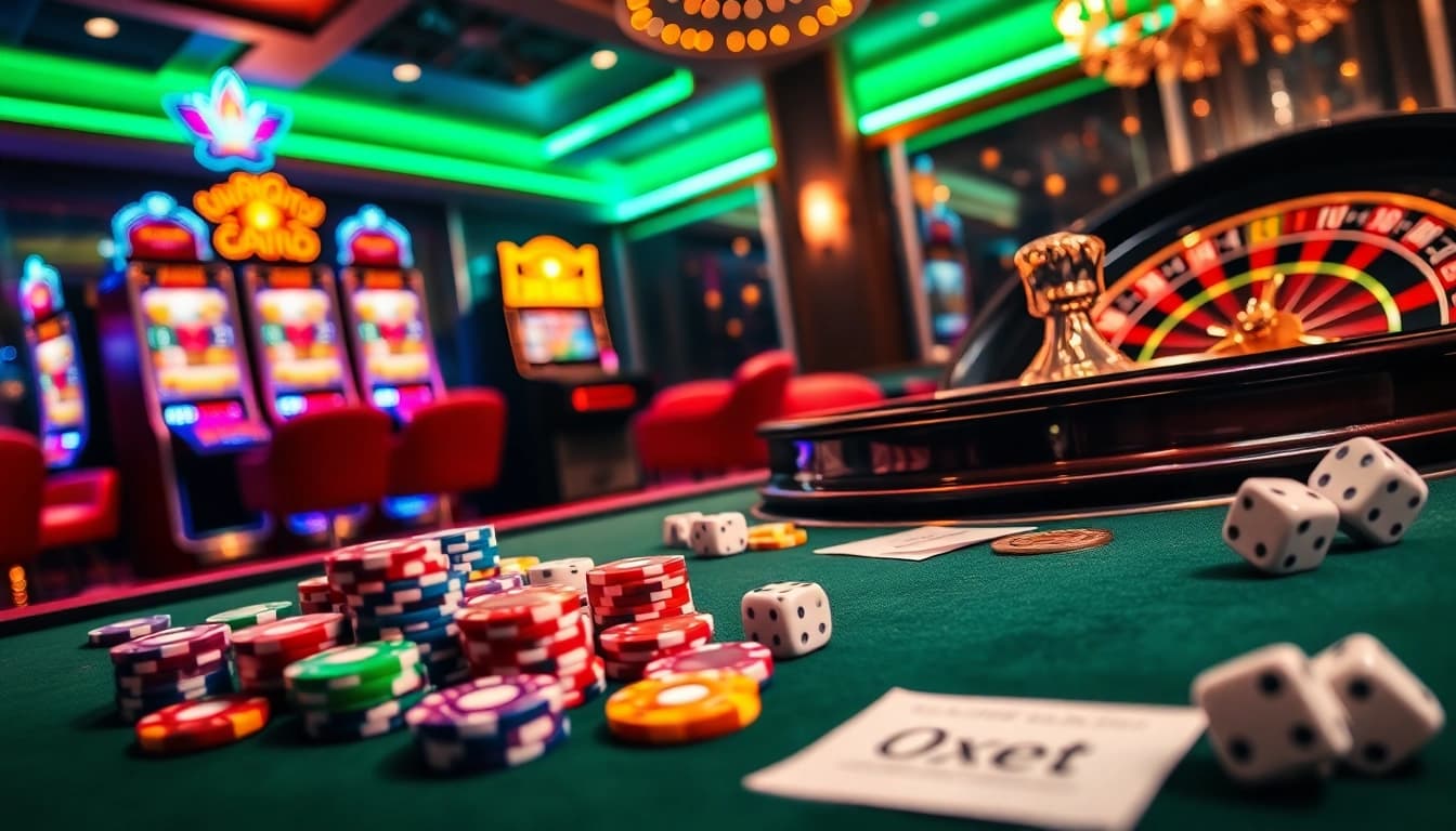 Experience the thrill of oXbet with vibrant casino elements like chips, dice, and slot machines.