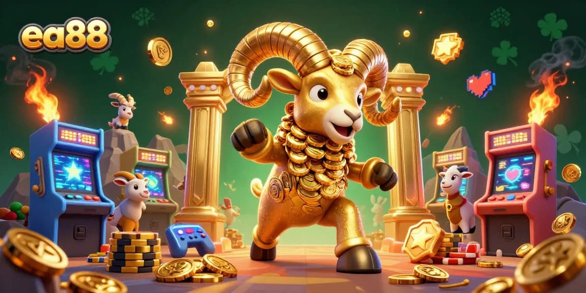 Join the excitement at ea88 with a golden ram charging through a vibrant casino scene filled with gaming elements.