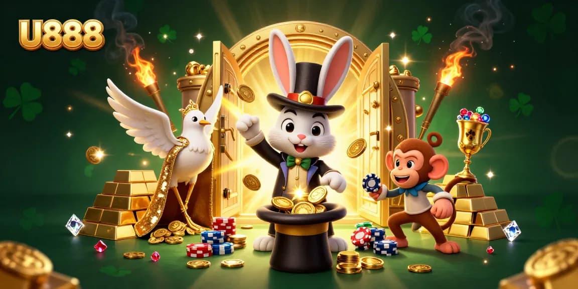 Experience the excitement of U888 with a magical scene of a rabbit, dove, and monkey surrounded by treasures.