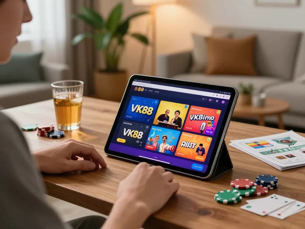 Engaging player using VK88 casino app on tablet in cozy home setting, showcasing fun and responsible gaming.