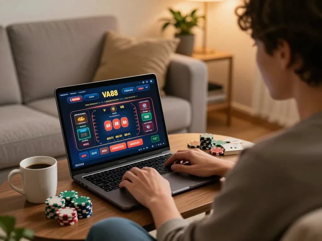 Person analyzing betting strategies on VA88 online casino platform at home.