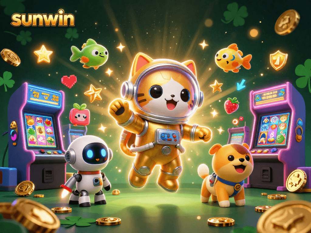 Spin the reels with sunwin in a vibrant cosmic casino scene filled with lucky symbols and characters.
