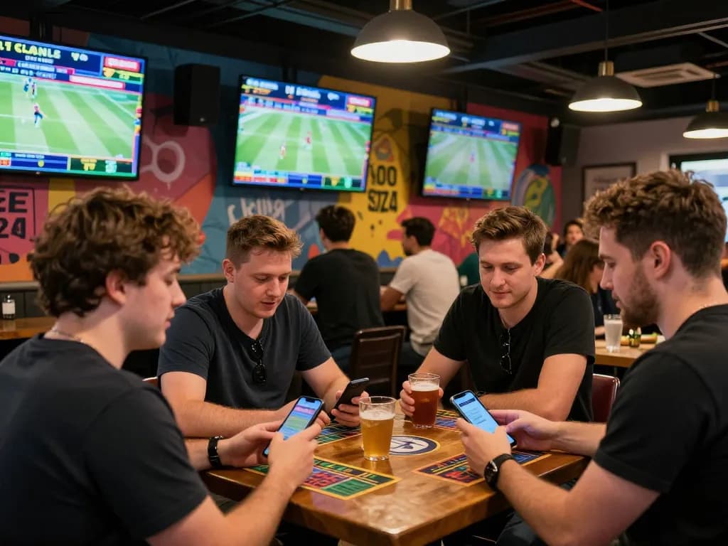 FABET players engaging in live sports betting at a lively bar with screens showing odds