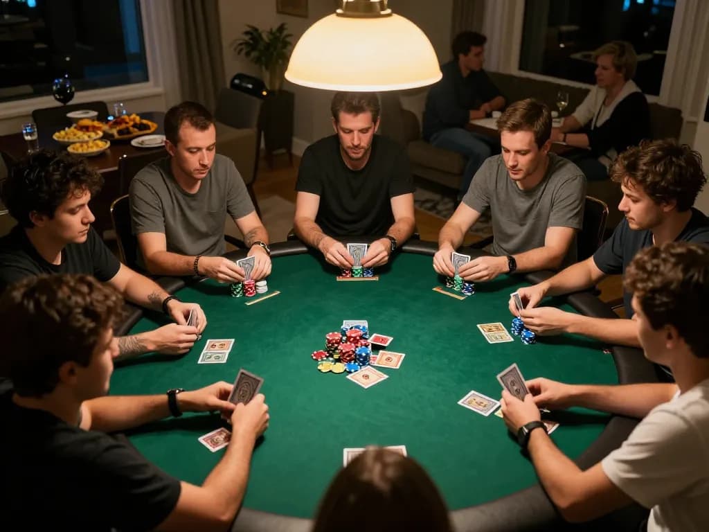 HITCLUB poker night with players showing excitement over a competitive round, rich atmosphere of social bonding.