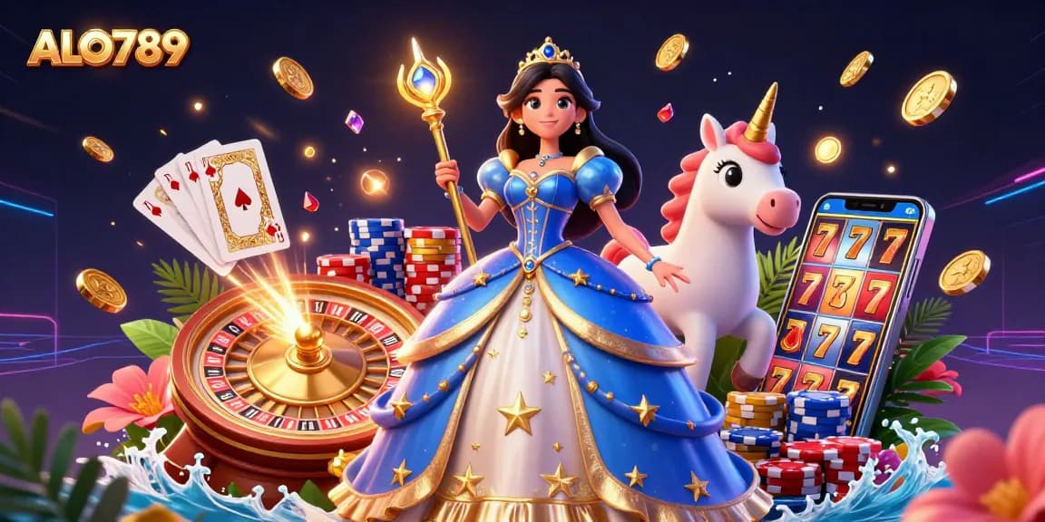 Win big with ALO789's vibrant casino scene showcasing a glamorous royal character and dynamic gaming elements.