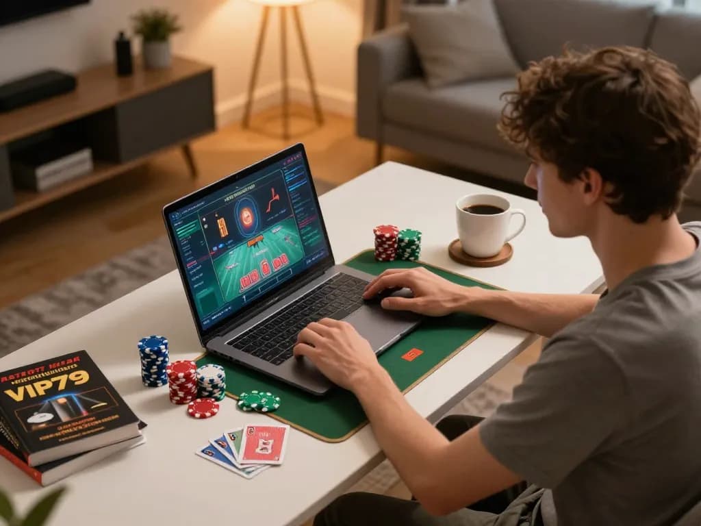 Enjoying a poker game on VIP79 with a cozy home setup, showcasing strategic gameplay.