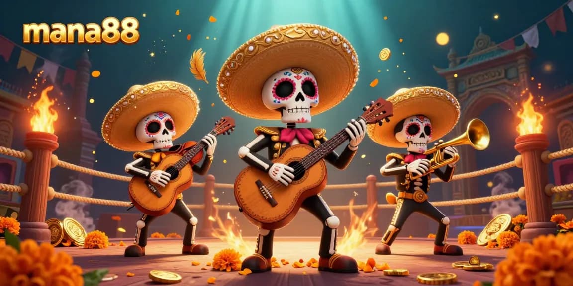 Experience action-packed play at mana88 with vibrant mariachi skeletons amidst gold coins.