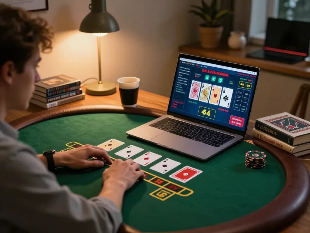 Impactxoft enhances online gambling strategy, showcasing a focused player in comfortable home setup