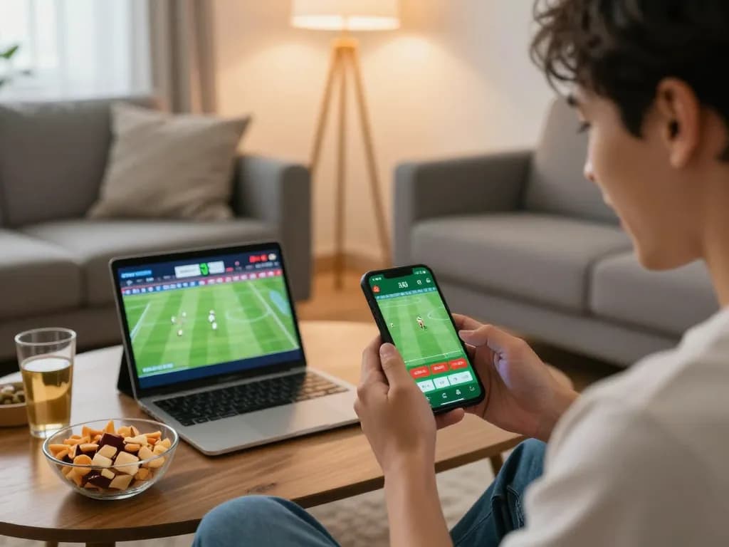 Socolive user actively placing a soccer bet on a smartphone with a live stream setup in a cozy living room