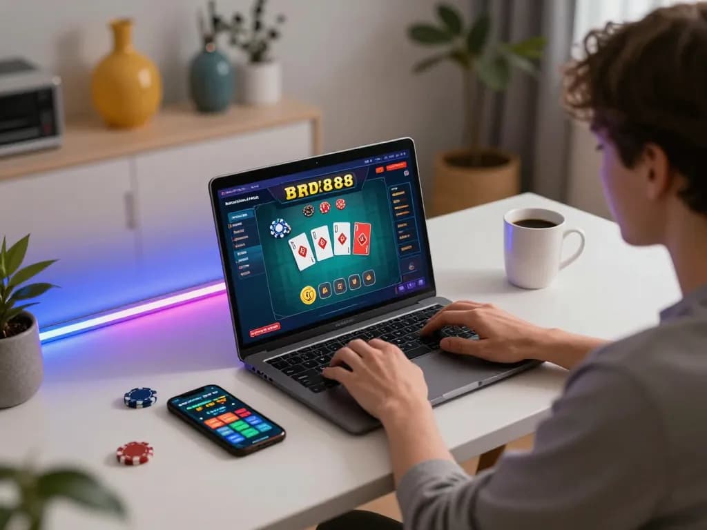 Person engaging in online gambling on five88 with laptop at a stylish gaming setup