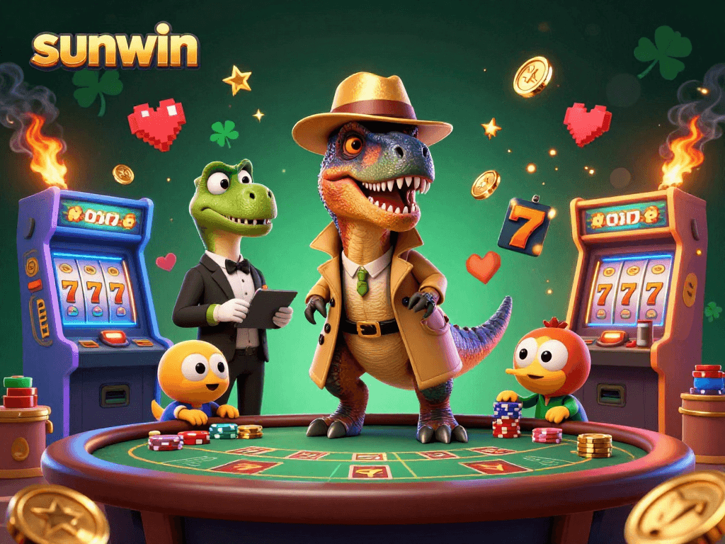 Sunwin’s vibrant 3D casino scene shows a velociraptor card counter trying to be discreet at a blackjack table.