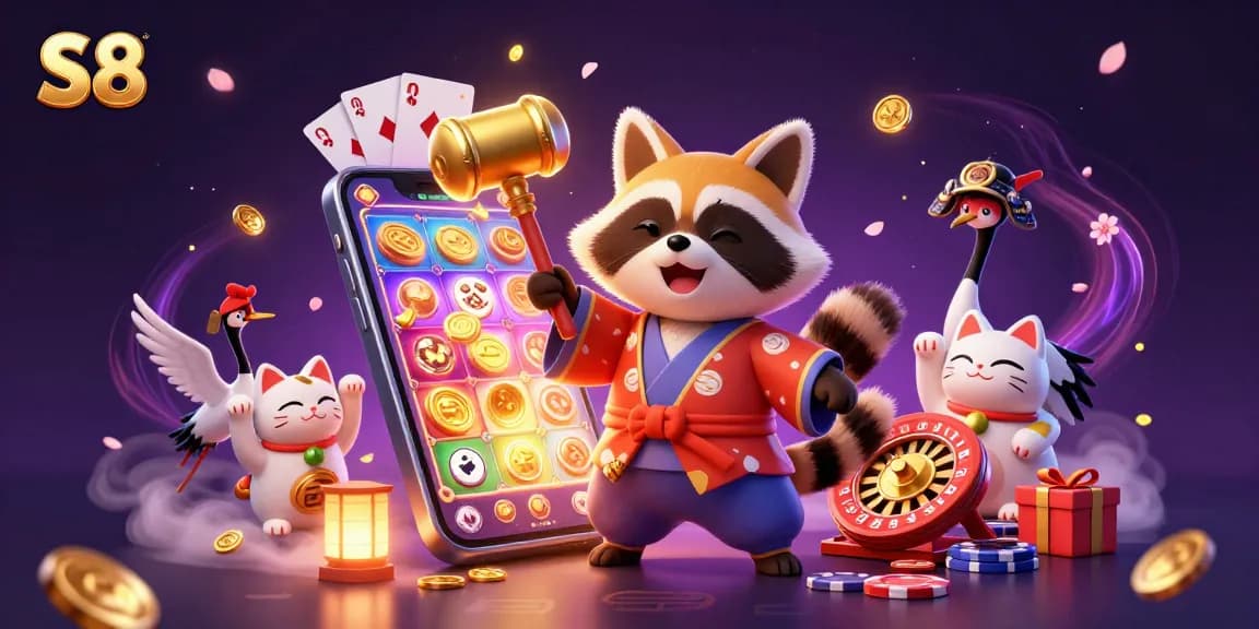 S8 presents a vibrant casino scene with lucky tanuki and colorful characters engaging in thrilling slot games and promotions.