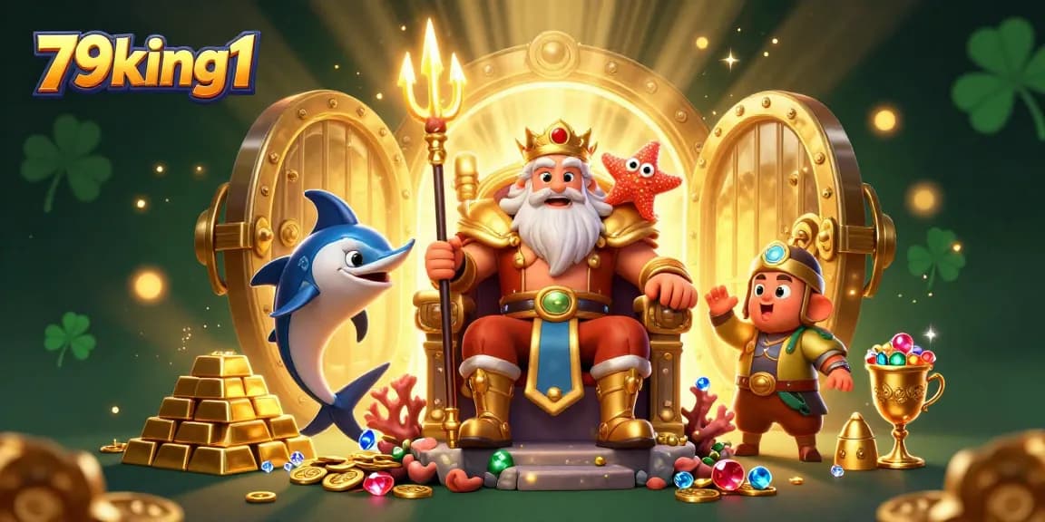 Experience the thrilling atmosphere of 79king1 with Neptune surrounded by treasures and gems.